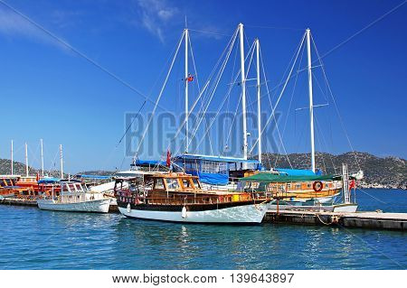 Moored yachts near Kekova island in Turkey