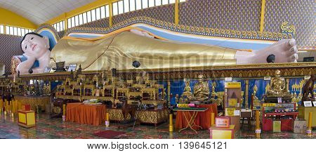 Sculpture Sleeping buddha at the Thai temple Wat Chayamangkalaram on island Penang Malaysia