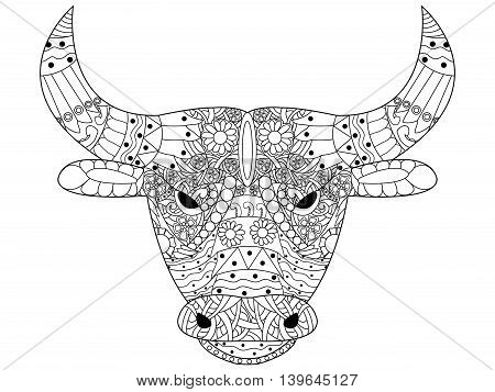 Head bull coloring book for adults vector illustration. Anti-stress coloring for adult. Cow zentangle style. Black and white lines. Lace pattern