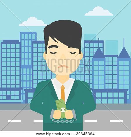 An asian  young businessman in handcuffs with money in hands on the background of modern city. Businessman handcuffed for crime. Vector flat design illustration. Square layout.