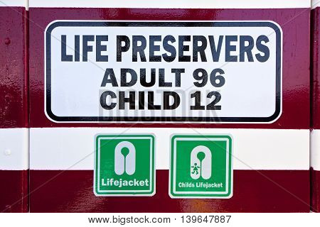 Sign For Life Preservers On A Ferry