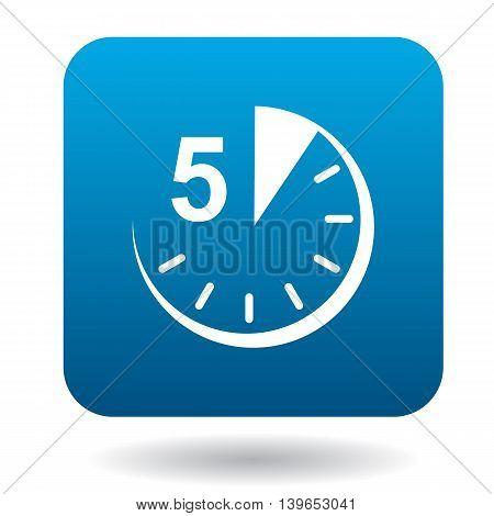 Five minutes icon in flat style in blue square. Time symbol