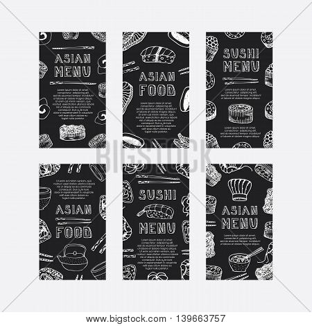 Hand drawn asian food cards. Menu cards. Sushi menu. Invitation. Asian menu doodle set. Asian food flyer. Asian food template menu design. Vector illustration.