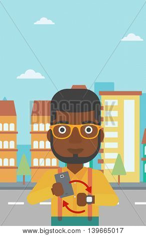 An african-american man holding smartphone and looking at his smart watch. Synchronization between smartwatch and smartphone. Vector flat design illustration. Vertical layout.