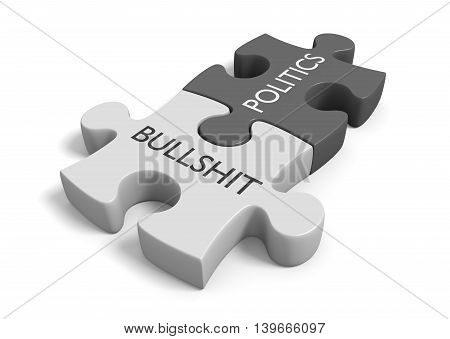 Two joined puzzle pieces with the words politics and bullshit, 3D rendering