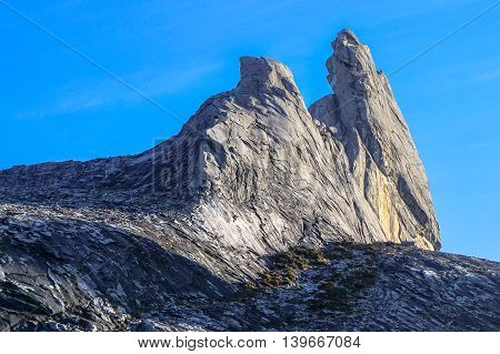 Ranau,Sabah,Borneo-March 13,2016:Closeup view of Donkey's Ear Peak on Mount Kinabalu after earthquake.Mt Kinabalu climbing season officially start on Dec 1,2015 due to earthquake on June 2015.