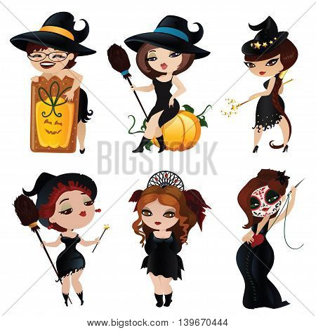 Set of six charming witches. Witches isolated on white background. Beautiful witches for Halloween in cartoon style. Vector illustration.