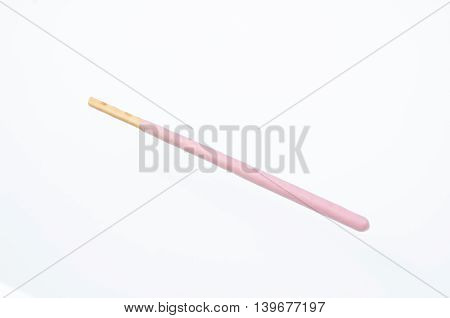 Japanese snack food biscuit stick strawburry coated on white background