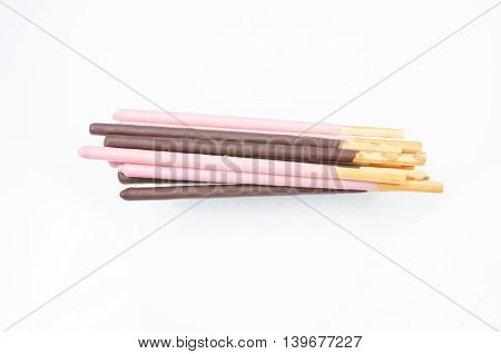 Japanese snack food biscuit stick strawburry coated on white background