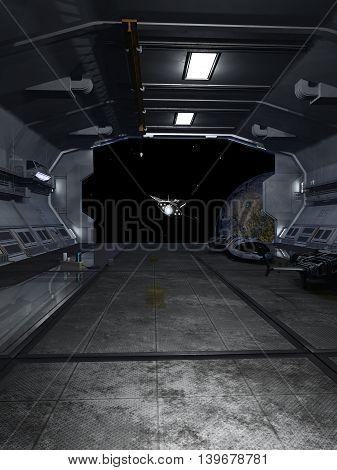 Science fiction illustration of an interplanetary spaceship leaving the docking bay of a space station, digital illustration (3d rendering)