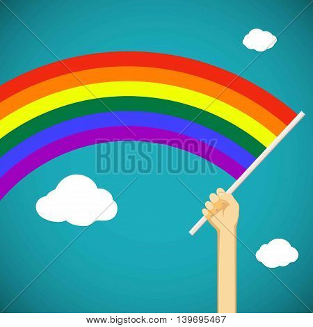 Man keep in his hand a gay rainbow flag. LGBT community. Stock Vector cartoon illustration.
