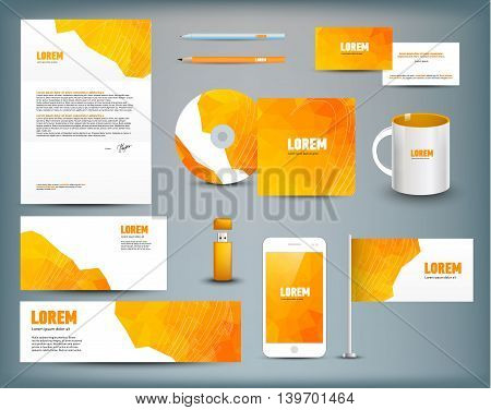 Corporate identity templates. Corporate identity templates blank, business cards, disk, envelope, smart phone, pen, pencil, flag, cup usb flash driver Isolated with soft shadows