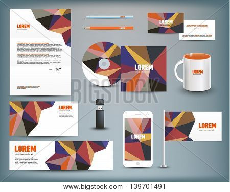 Corporate identity templates. Corporate identity templates blank, business cards, disk, envelope, smart phone, pen, pencil, flag, cup usb flash driver Isolated with soft shadows