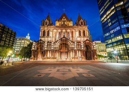 Trinity Church At Night, At Copley Square, In Back Bay, Boston, Massachusetts.