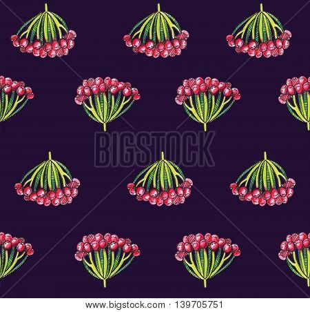 Seamless illustration with autumn viburnum berries on dark background. Pattern hand drawn with colored pencils