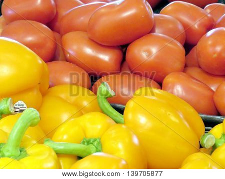 Pepper and tomatoes on market of Whittamore's Farm in Markham Ontario 23 July 2016 Canada