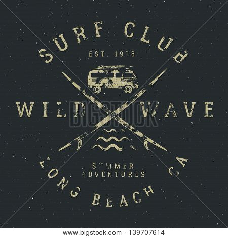 Surfing tee design in vintage rubber style with surf symbols - old rv car, surfboards and summer typography - wild wave, surf club. Vector hipster patch for t shirt, clothing print.