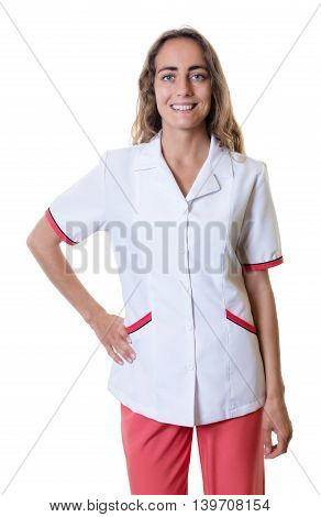 Laughing caucasian female pharmacist on an isolated white background for cut out