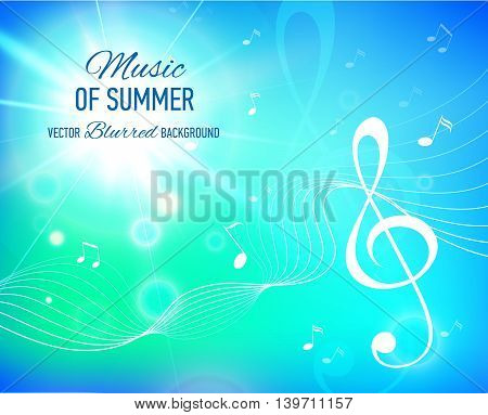 Vector bkue background with music notes and key. Flare. Banner. Designed text.