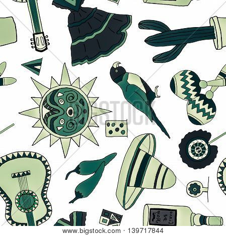 Seamless pattern with hand drawn mexican elements. Perfect background for your design. Travel to Mexico texture.