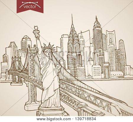 Engraving vintage hand drawn vector United States NY Sketch
