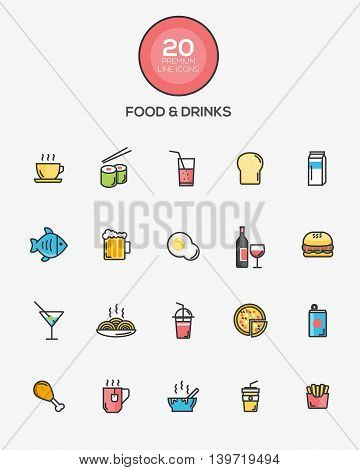 Set of Flat Line Color Food and Drinks icons. Vector