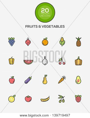 Set of Flat Line Color Fruits and Vegetables icons. Vector