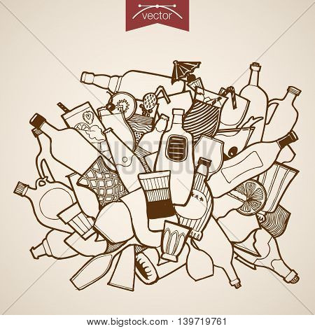 Engraving vintage hand drawn vector glass dishes beverage Sketch