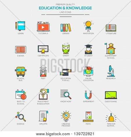 Flat Line Modern Color icons for Education and Knowledge. Vector