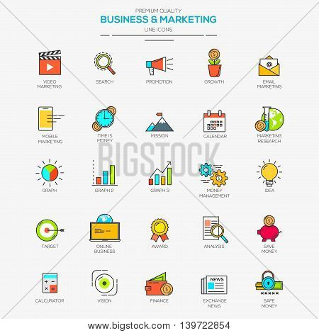 Flat Line Modern Color icons for Business and Marketing. Vector