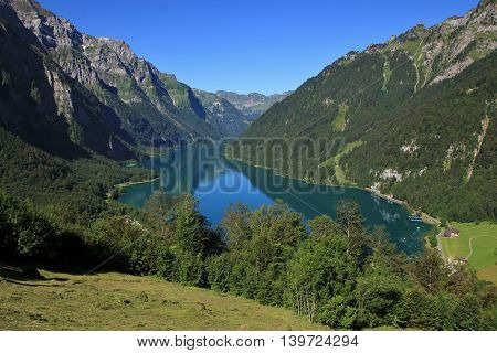 Lake Klontal in summer. View from Schwammhohe. Scene in the Swiss Alps.