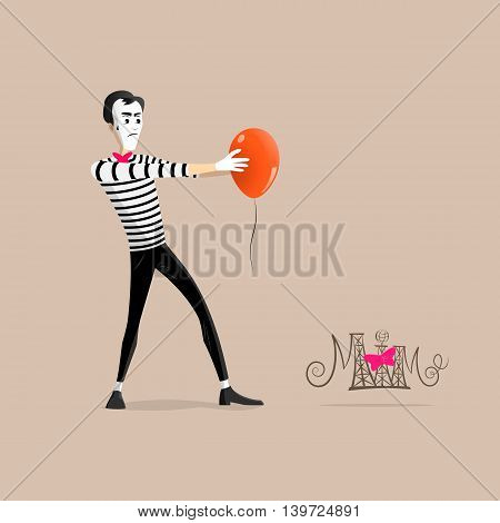 A Mime performing a pantomime called hypnotizing an orange balloon