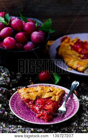 gallet with bran and plum style rustic. selective focus