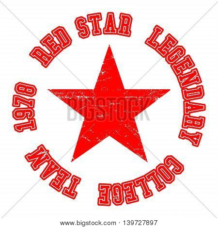 T-shirt print design. Red strar vintage stamp. Printing and badge applique label for t-shirts jeans casual wear. Vector illustration.