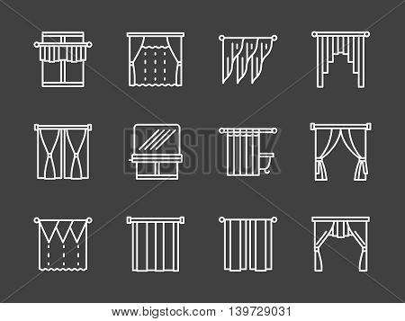 Classic and french curtains, roman blinds and other samples for window treatment. Decoration elements for various interior designs. Set of simple white line style vector icons on black background.