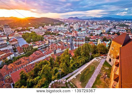 Sunset above Ljubljana aerial view capital of Slovenia