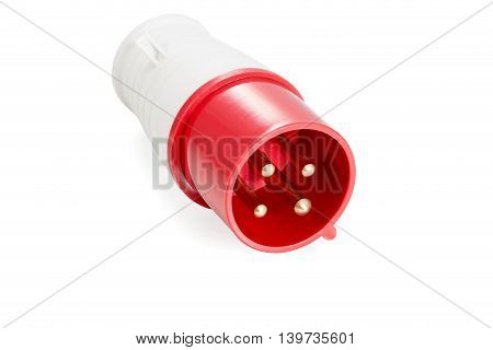 Red and white three-phase high voltage electric plug isolated on white background
