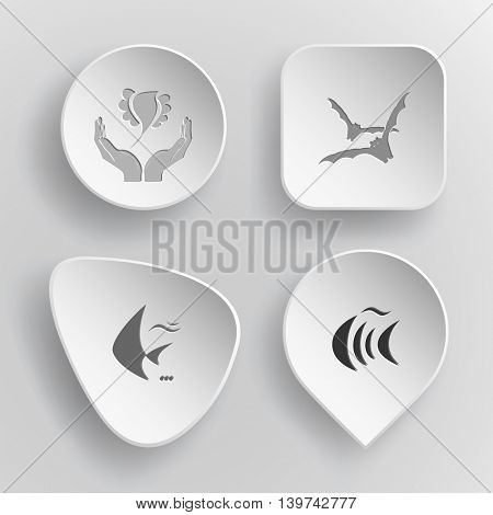4 images: bird in hands, bats, fish. Animal set. White concave buttons on gray background. Vector icons.