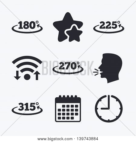 Angle 180-315 degrees icons. Geometry math signs symbols. Full complete rotation arrow. Wifi internet, favorite stars, calendar and clock. Talking head. Vector