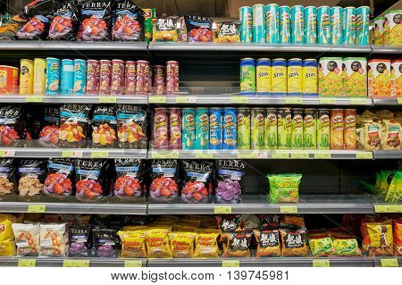 MACAO, CHINA - FEBRUARY 17, 2016: inside of a food store in Macao. Macao is an autonomous territory on the western side of the Pearl River Delta, China.