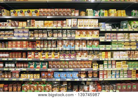 MACAO, CHINA - FEBRUARY 17, 2016: inside of a food store in Macao. Macao is an autonomous territory on the western side of the Pearl River Delta, China.