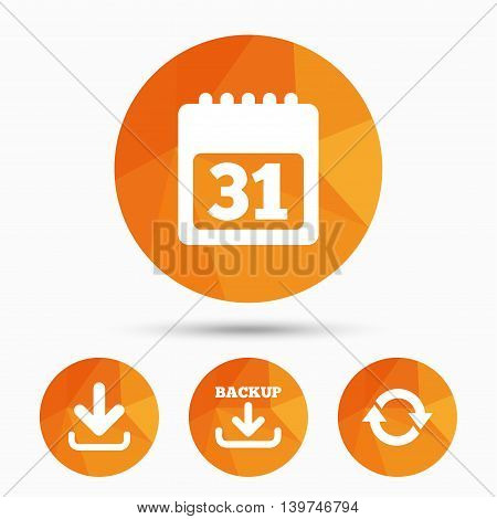 Download and Backup data icons. Calendar and rotation arrows sign symbols. Triangular low poly buttons with shadow. Vector