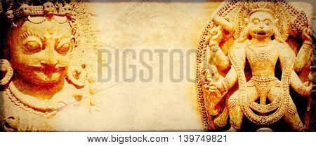 Grunge background with paper texture and landmarks of India - statues of Hindu gods