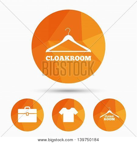 Cloakroom icons. Hanger wardrobe signs. T-shirt clothes and baggage symbols. Triangular low poly buttons with shadow. Vector