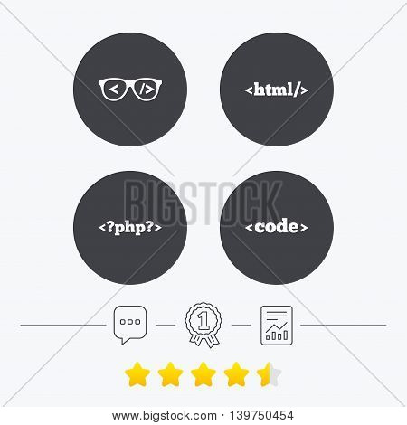 Programmer coder glasses icon. HTML markup language and PHP programming language sign symbols. Chat, award medal and report linear icons. Star vote ranking. Vector