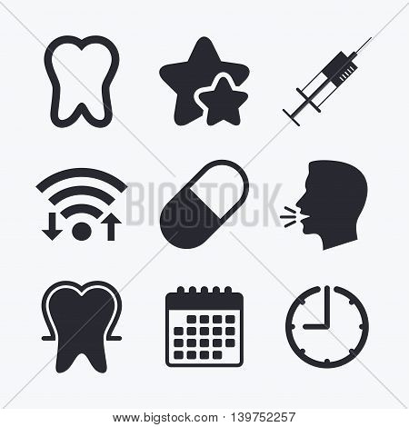 Tooth enamel protection icons. Medical syringe and pill signs. Medicine injection symbol. Wifi internet, favorite stars, calendar and clock. Talking head. Vector