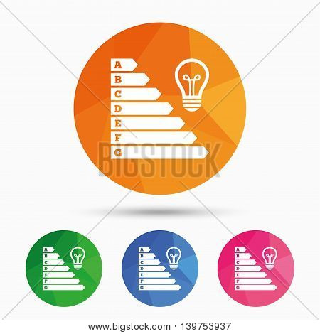 Energy efficiency icon. Electricity consumption symbol. Idea lamp sign. Triangular low poly button with flat icon. Vector