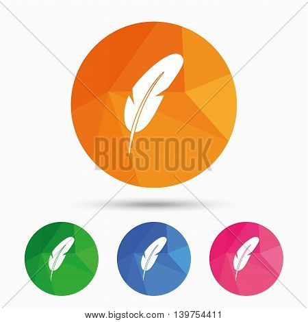 Feather sign icon. Retro pen symbol. Light weight symbol. Triangular low poly button with flat icon. Vector