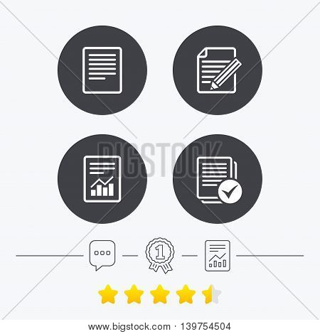 File document icons. Document with chart or graph symbol. Edit content with pencil sign. Select file with checkbox. Chat, award medal and report linear icons. Star vote ranking. Vector