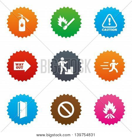 Fire safety, emergency icons. Fire extinguisher, exit and attention signs. Caution, water drop and way out symbols. Stars label button with flat icons. Vector